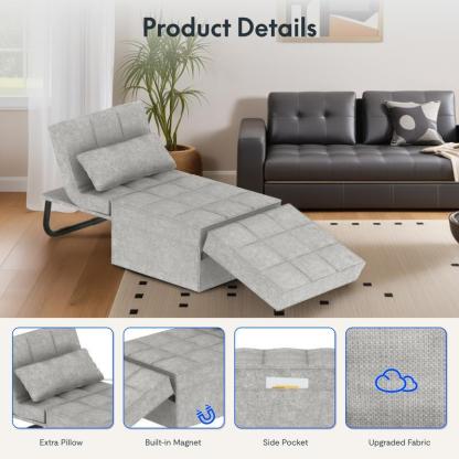 Sofá cama convertible con respaldo ajustable en 5 niveles, otomana tapizada multifuncional, sofá tapizado ajustable, muebles para sala de estar (gris, compatible con camas).
